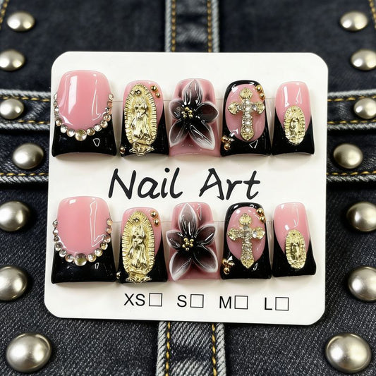 Duck Bill 3D Flower Design Rhinestone Cross Handmade Press On Nail Set