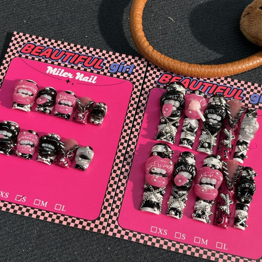 Long Tube Lip Stud Riot · Y2K Handmade Press On Nail Set