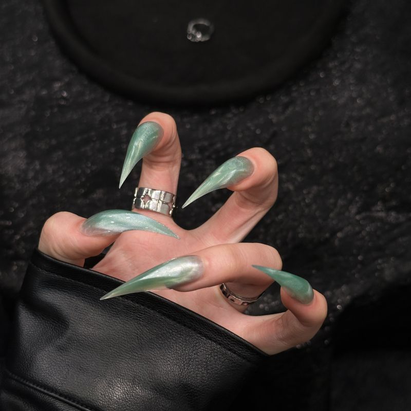 Mint Green Dragon Claw Cat Eye Handmade Press On Nail Set