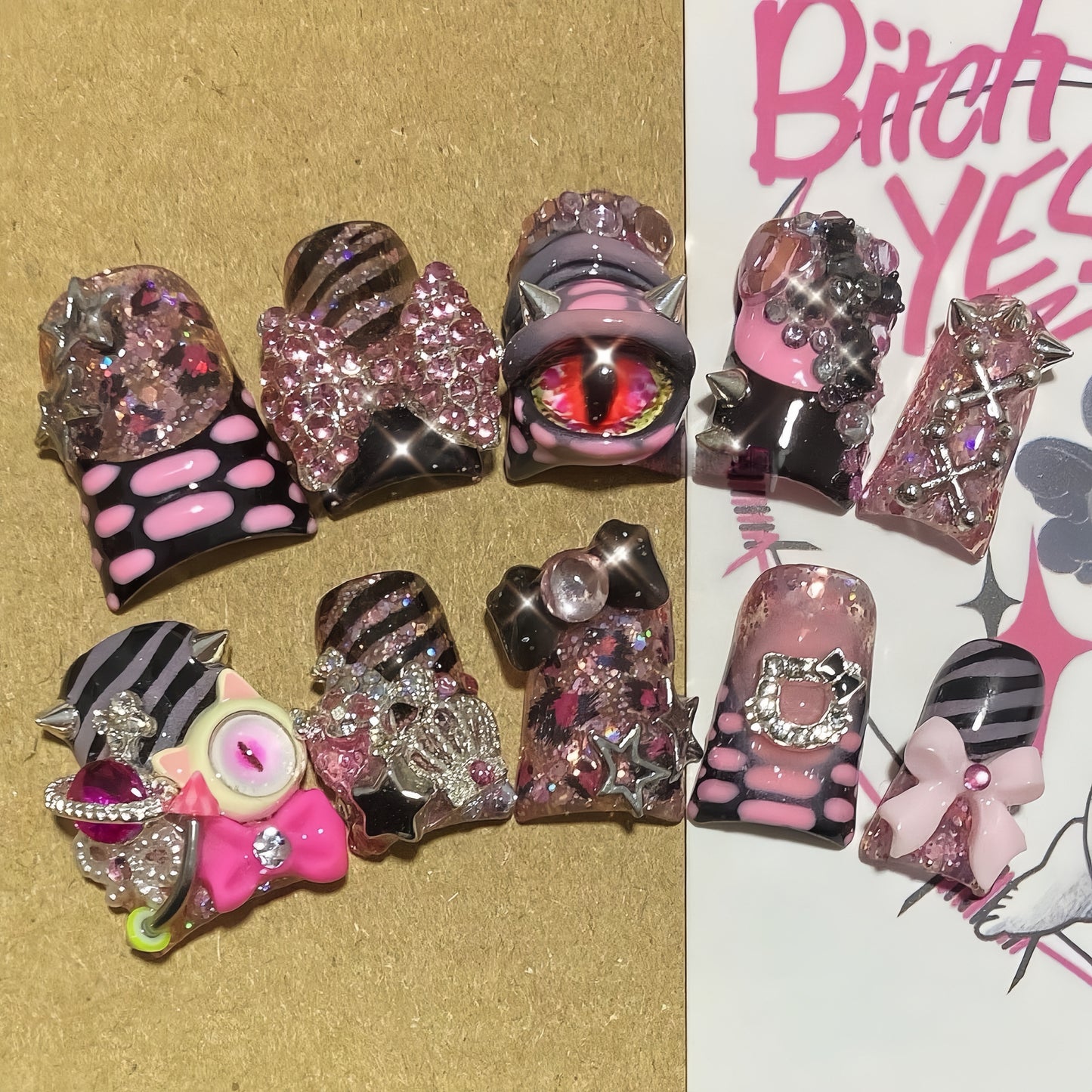 Medium Duck Crystal Evil Eye Handmade Press On Nail Set