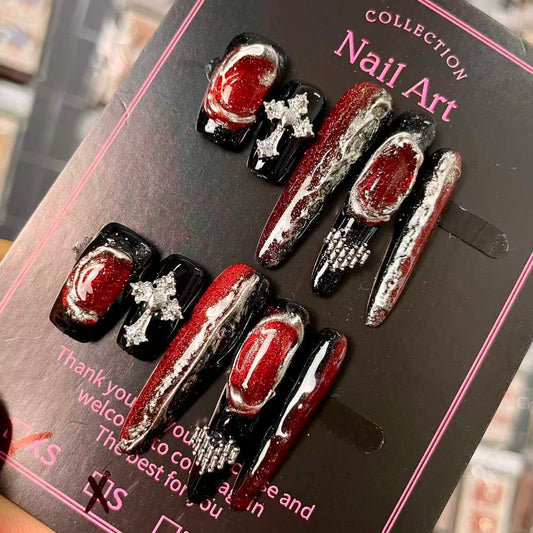 Mixed-Length Mixed-Shape Stiletto Blood Moon Cat Eye Gothic Handmade Press On Nail Set