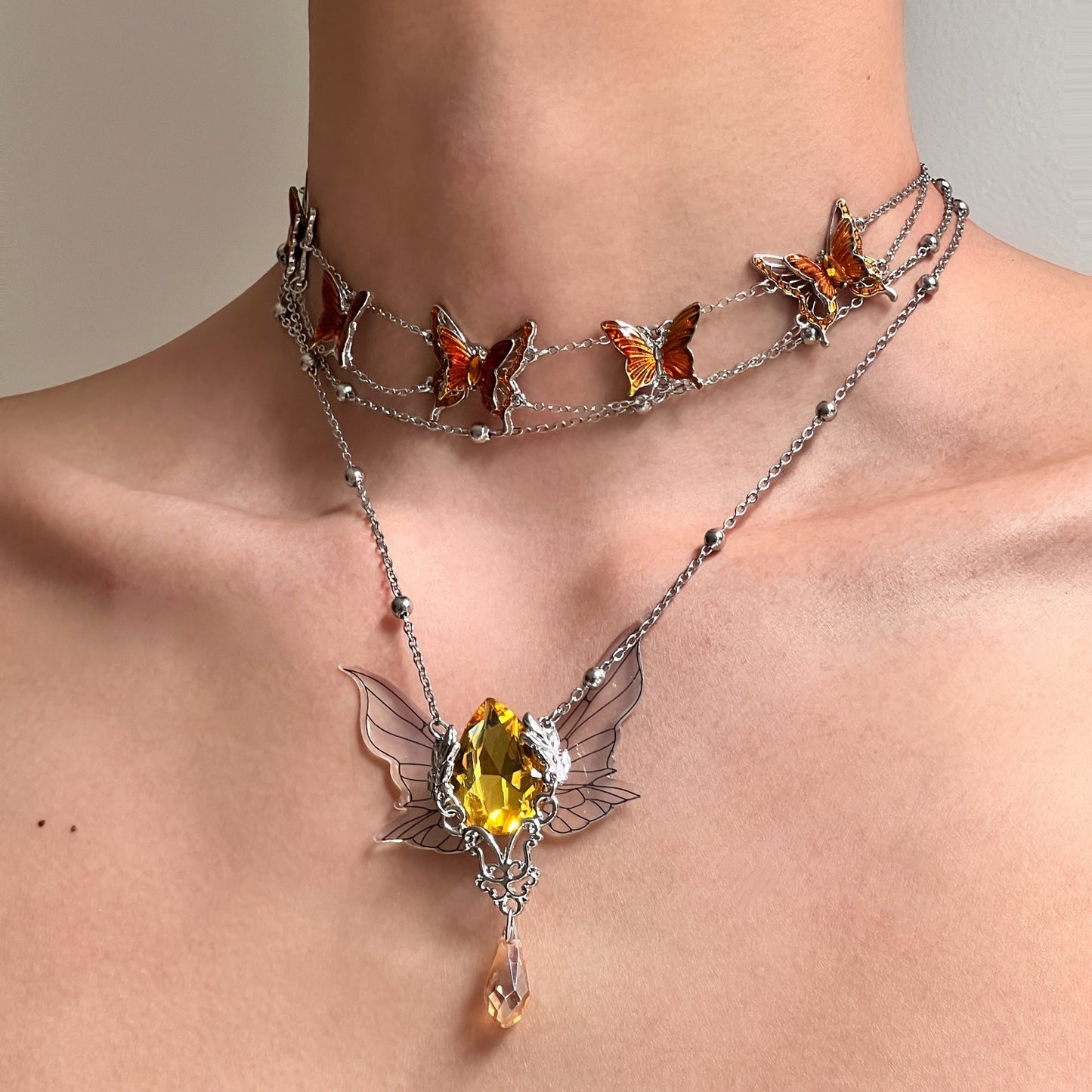 Cicada Wing & Butterfly Layered Necklace Featuring Maillard Style