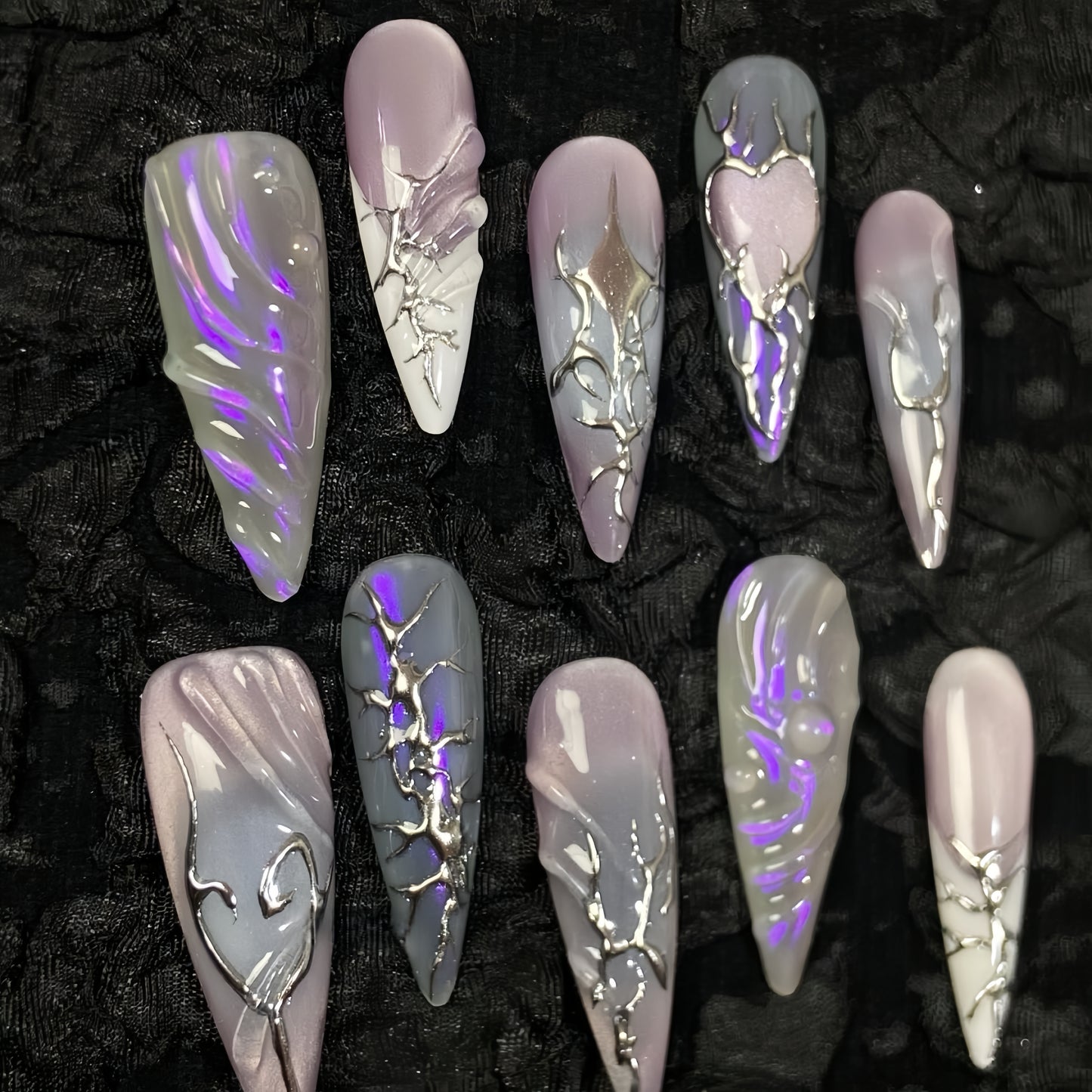 Long Almond  Metal Aurora Handmade Press On Nail Set