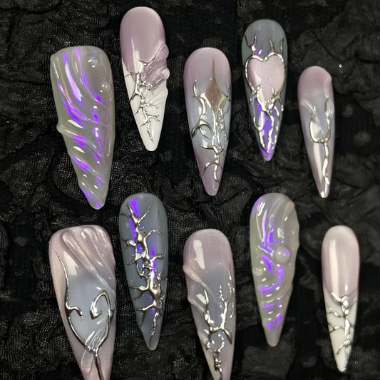 Long Almond  Metal Aurora Handmade Press On Nail Set