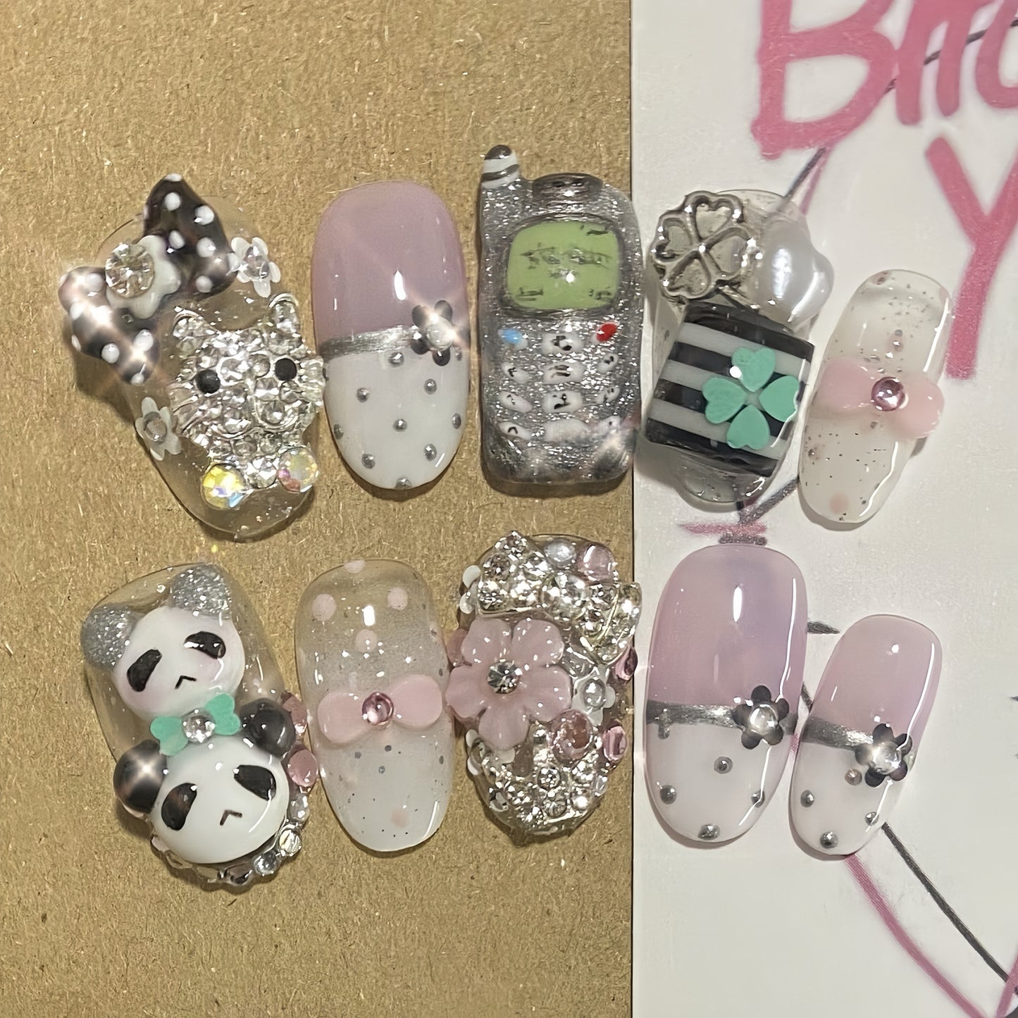Medium Almond Text Message Panda Handmade Press On Nail Set