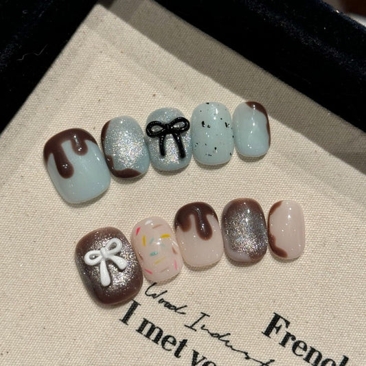 Short Round Bow & Cocoa Cat Eye Handmade Press On Nail Set