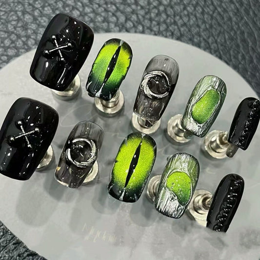 Medium Square Moon Rivet Cat Eye Handmade Press On Nail Set