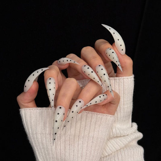 White Dragon Claw Polka Dot Handmade Press On Nail Set