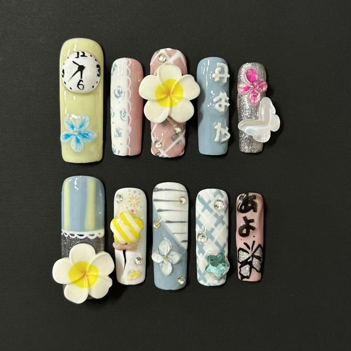 Long Square Vintage Frangipani Handmade Press On Nail Set