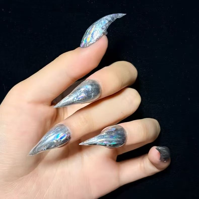 Silver Dragon Claw Liquid Metal Handmade Press On Nail Set