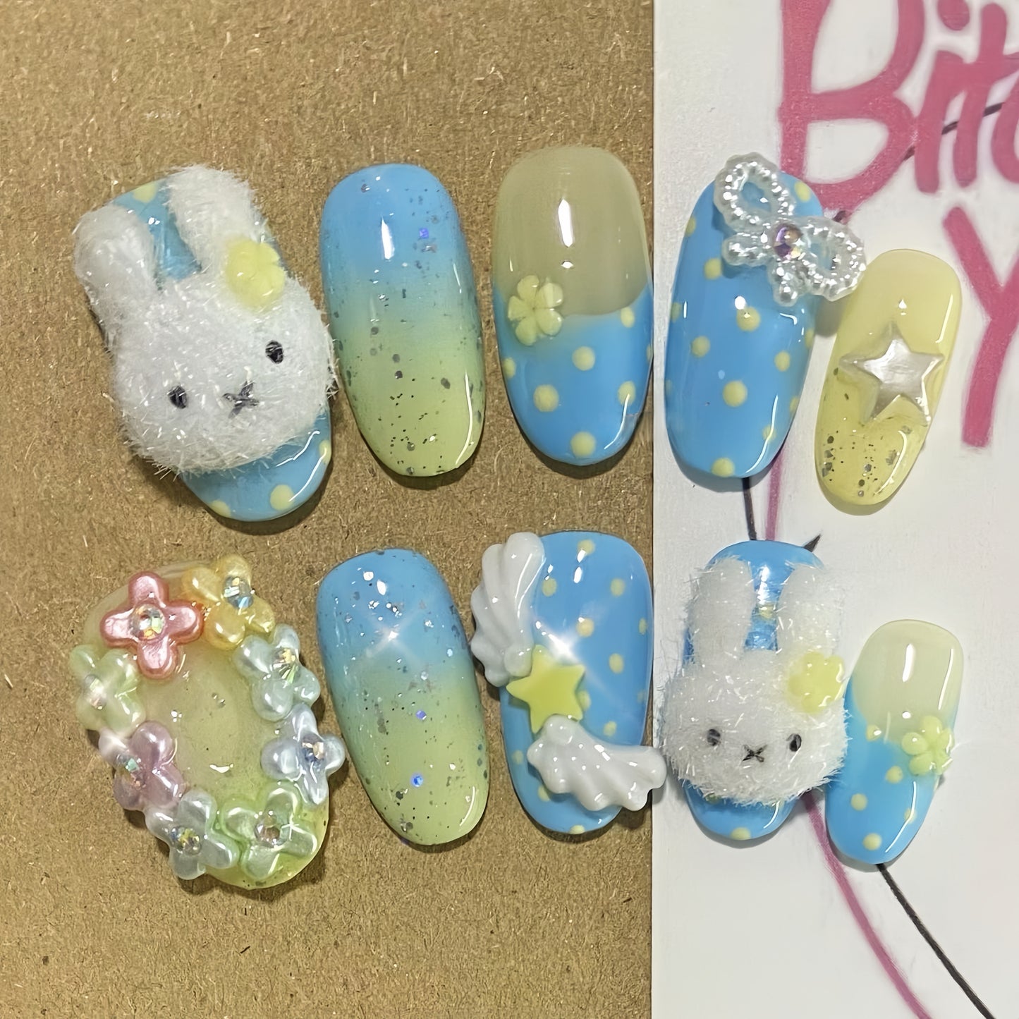 Medium Almond Fluffy Miffy Polka Dot Park Handmade Press On Nail Set