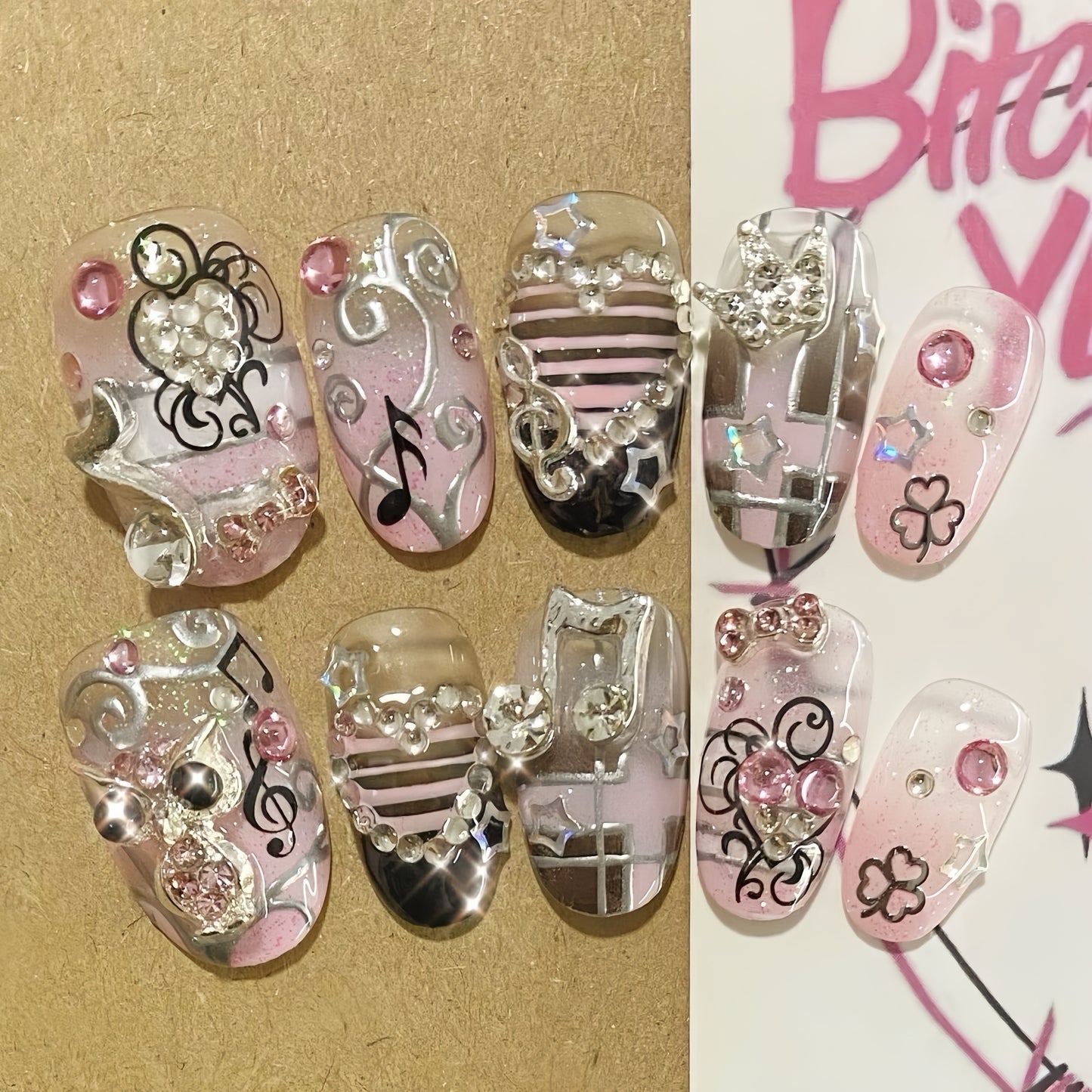 Medium Round Pink Stripe Owl Y2K Soundtrack Handmade Press On Nail Set