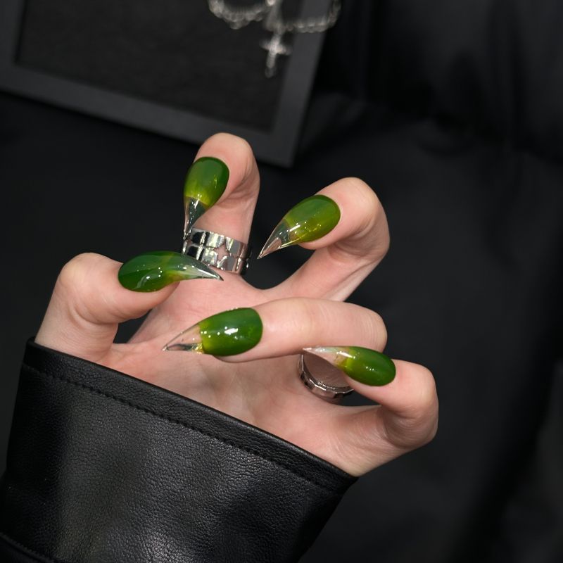 Green Dragon Claw Emerald Ombre Cat Eye Handmade Press On Nail Set