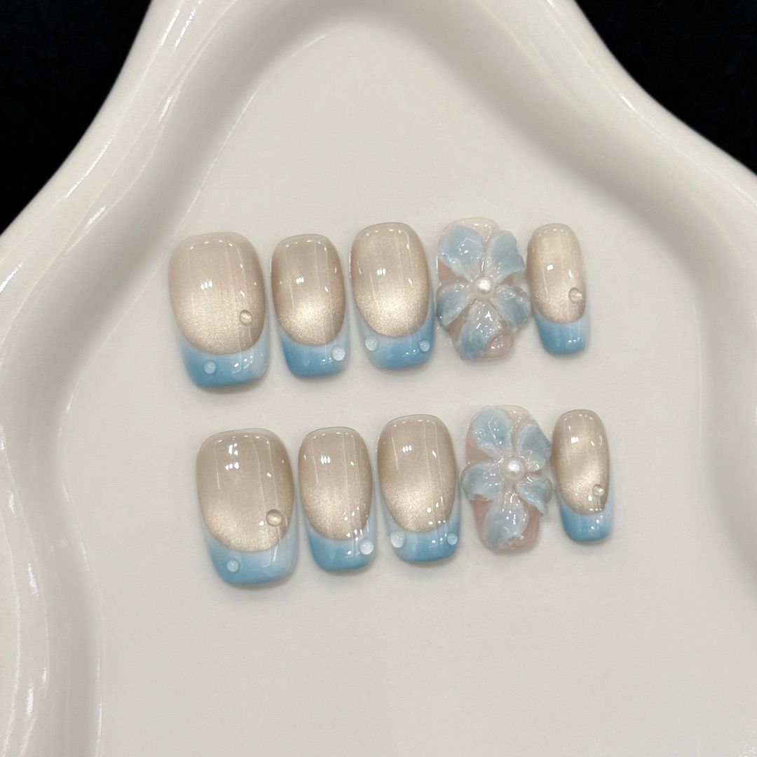 Medium Coffin Sea Salt Ice Flower French Cat Eye Handmade Press On Nail Set