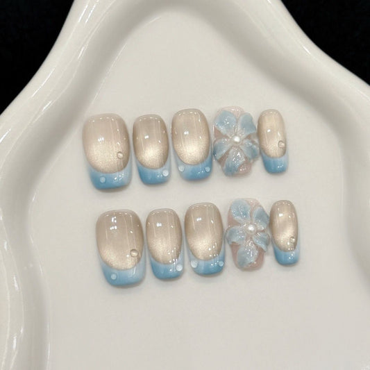 Medium Coffin Sea Salt Ice Flower French Cat Eye Handmade Press On Nail Set