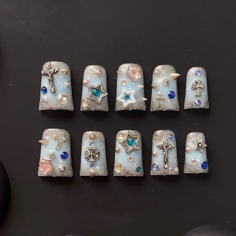 Blue Duck Bill Punk Glitter Handmade Press On Nail Set