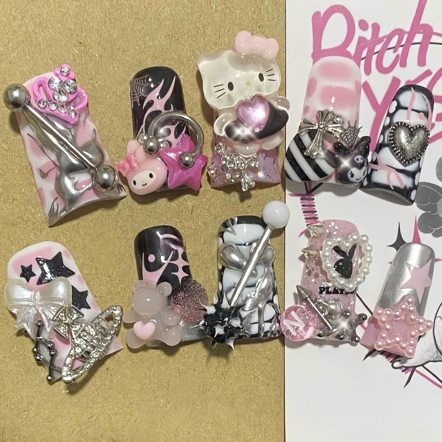 Medium Duck ASSC Kitty Handmade Press On Nail Set