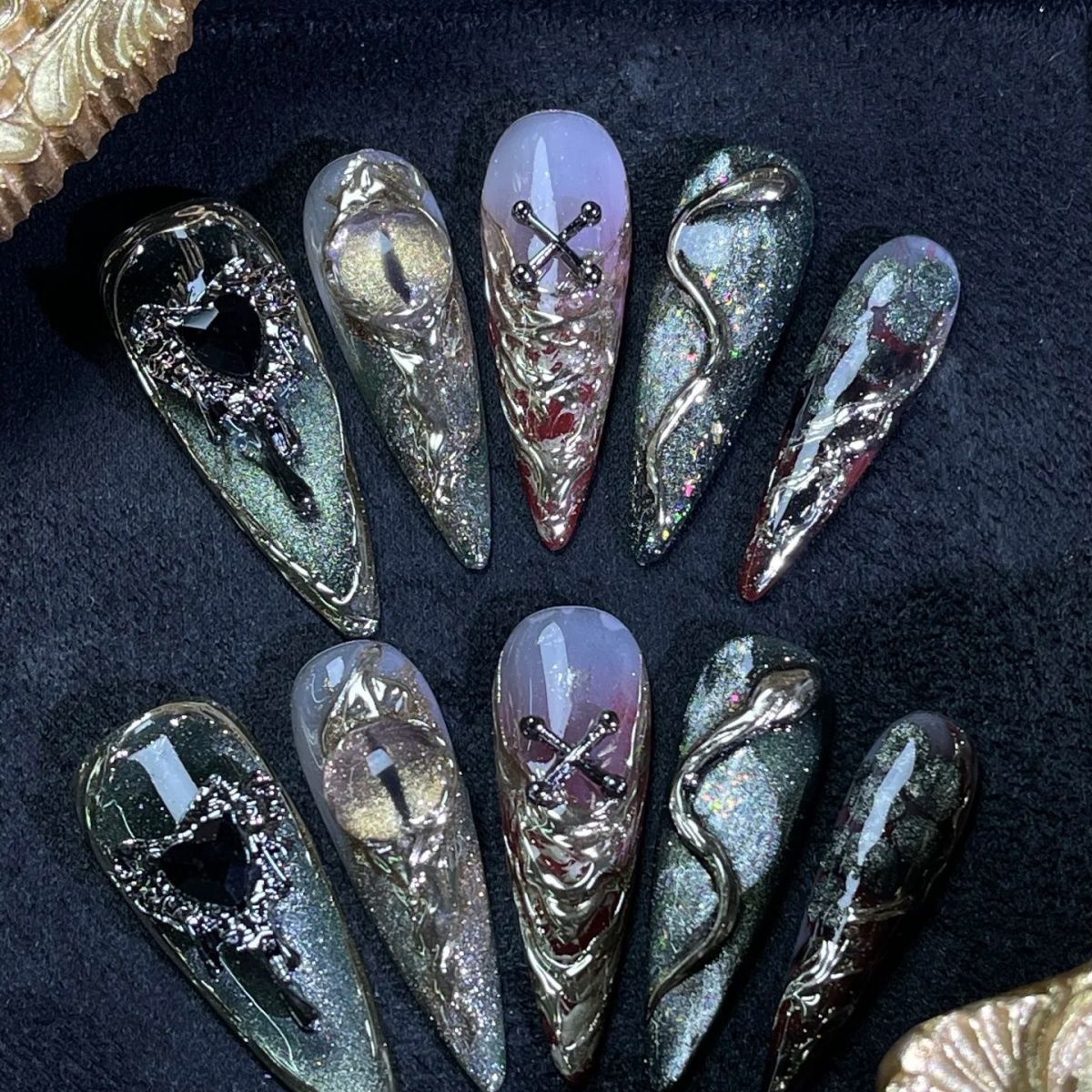 Long Almond  Dream Keeper Cat Eye Handmade Press On Nail Set