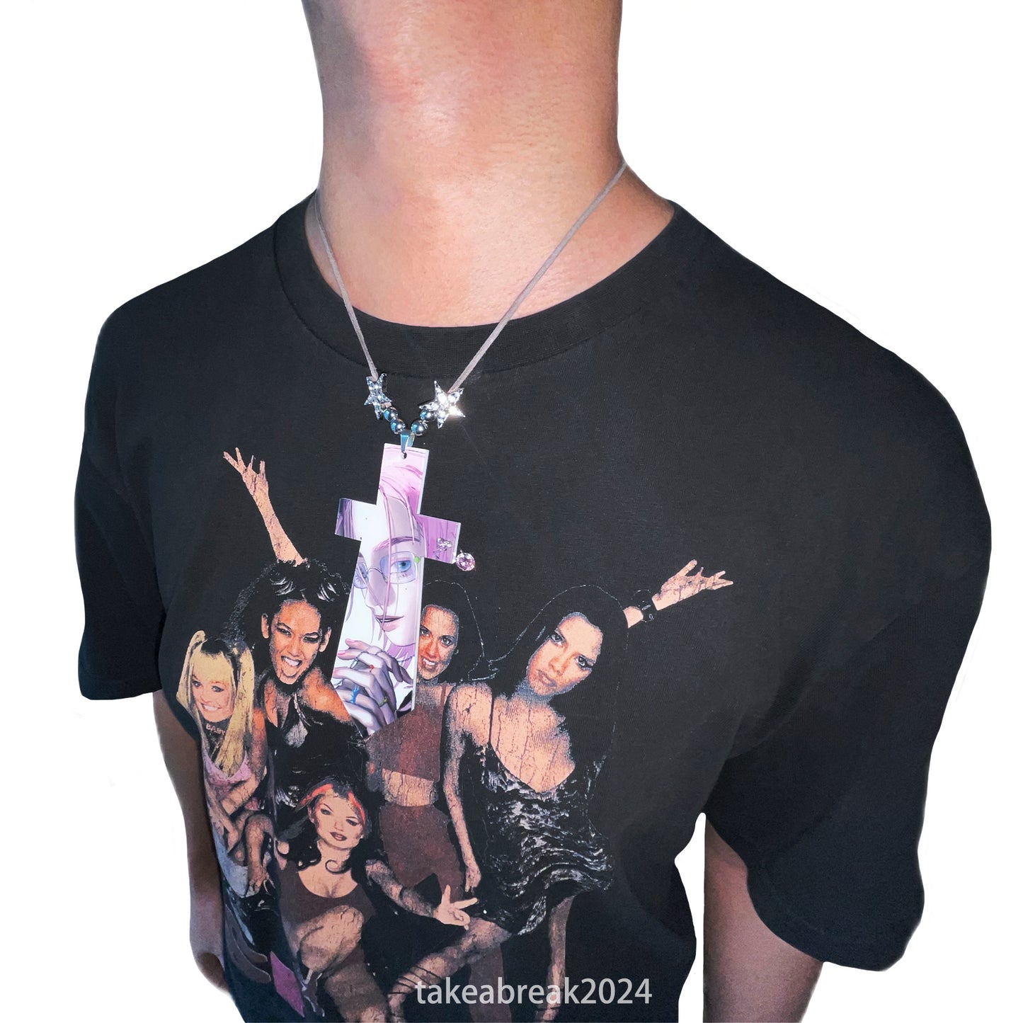 Take a break Double-sided acrylic star-effect suede long chain necklace