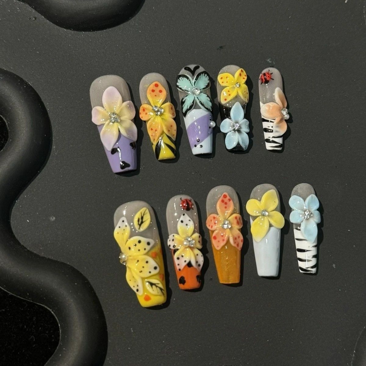Long Coffin Flower Design Monet‘s Garden Handmade Press On Nail Set