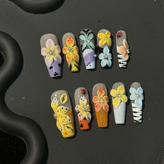 Long Coffin Flower Design Monet‘s Garden Handmade Press On Nail Set