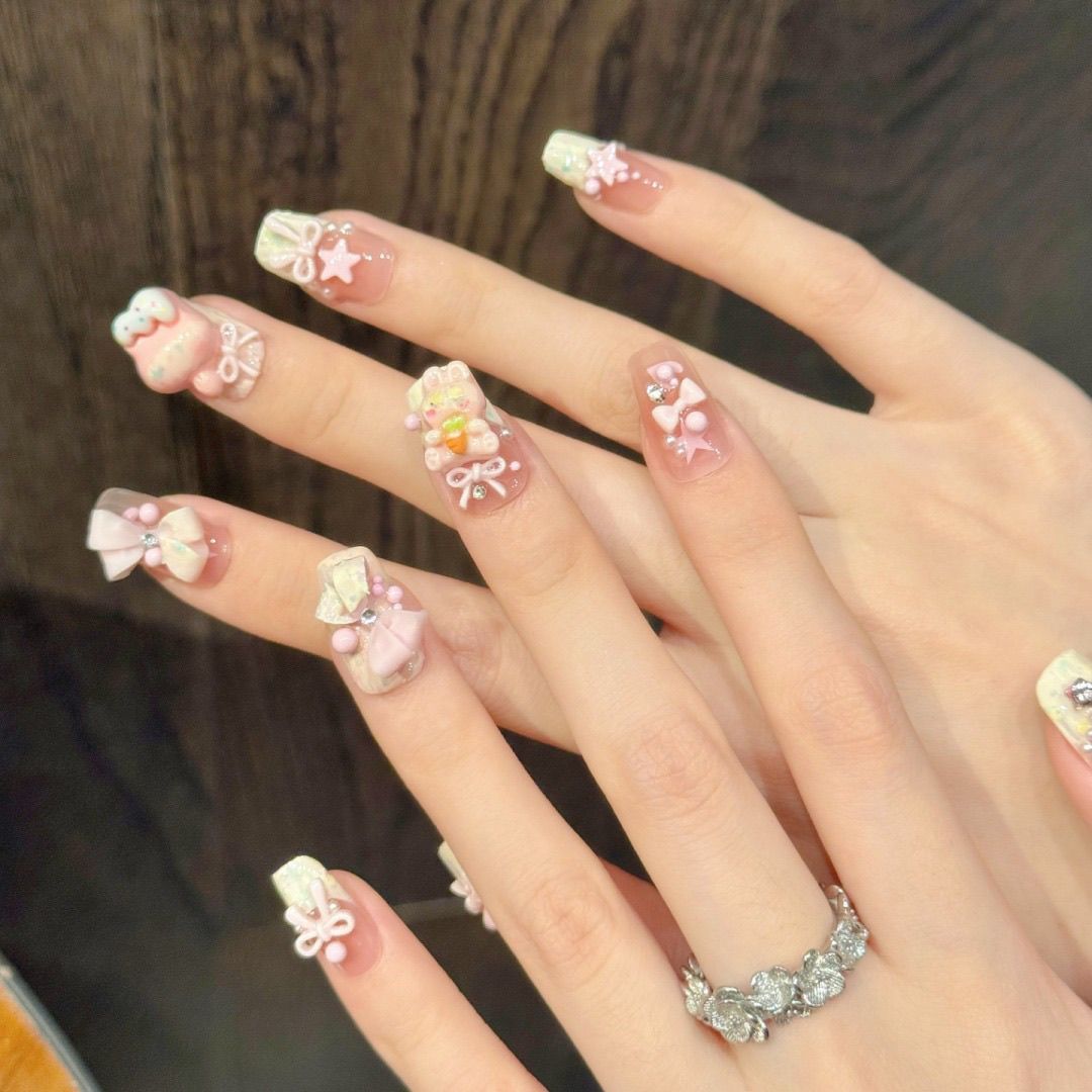 Medium Coffin Bear Macaron Bow Blush Handmade Press On Nail Set