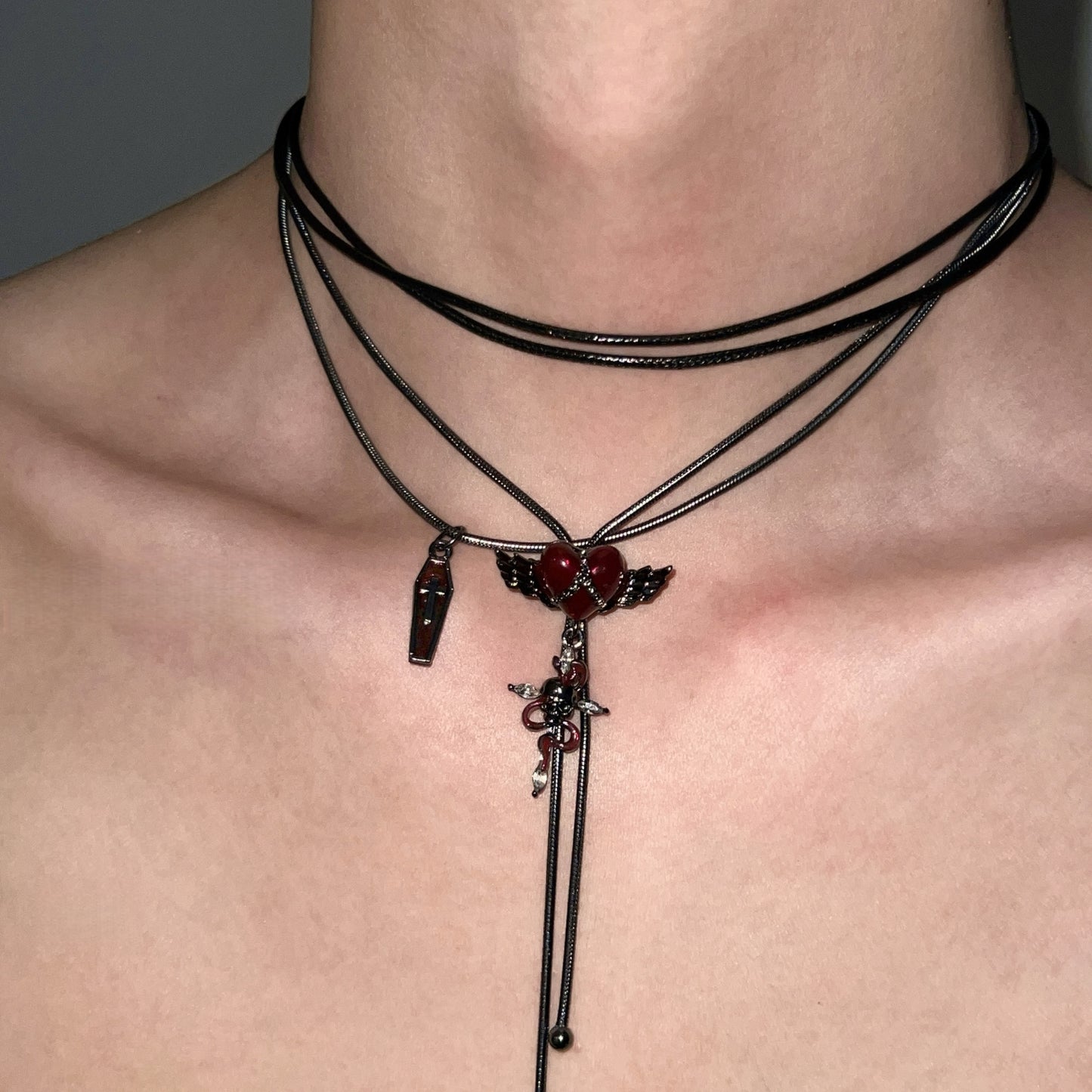 Multi-layer Dark Cross Heart Necklace
