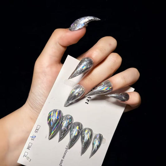 Silver Dragon Claw Liquid Metal Handmade Press On Nail Set