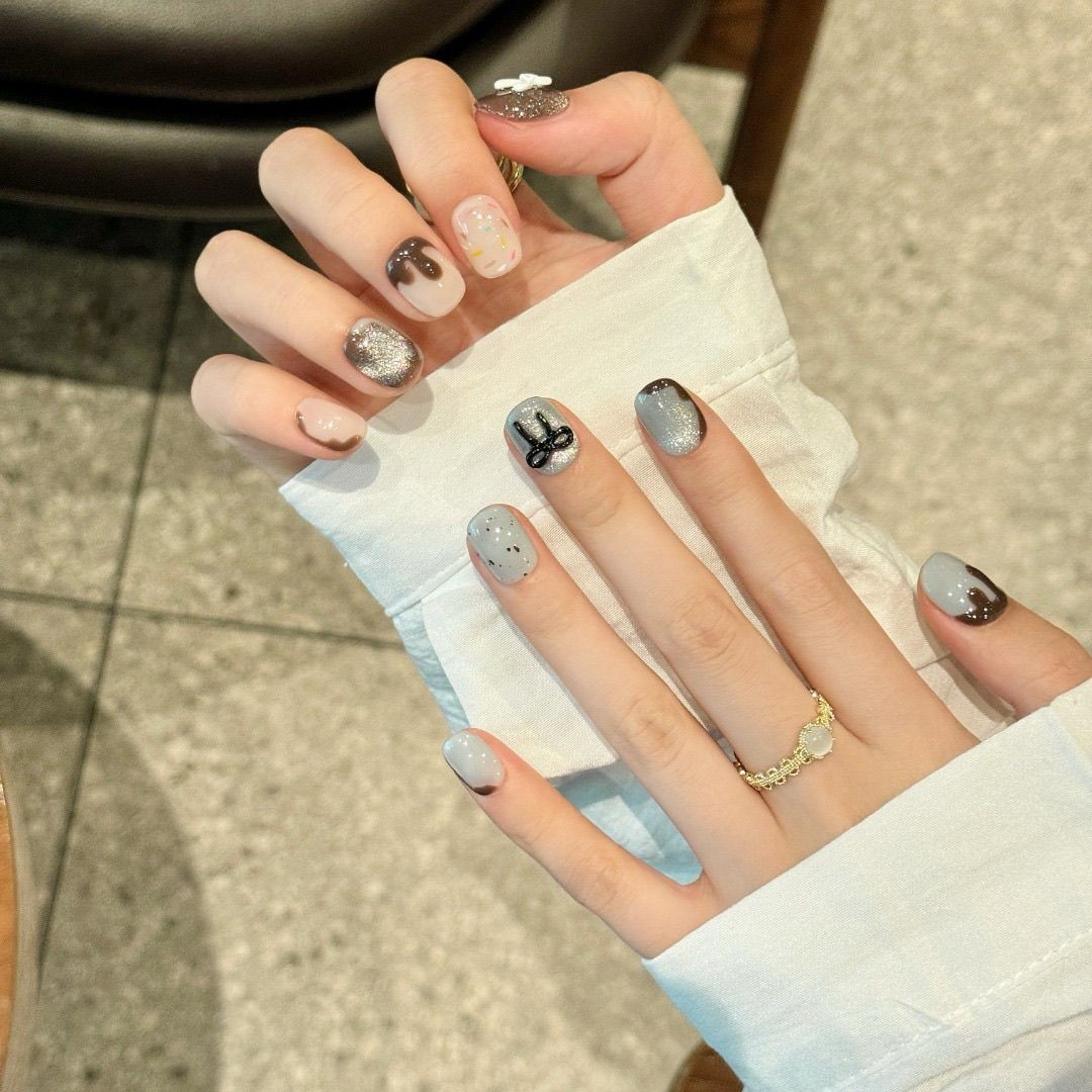 Short Round Bow & Cocoa Cat Eye Handmade Press On Nail Set