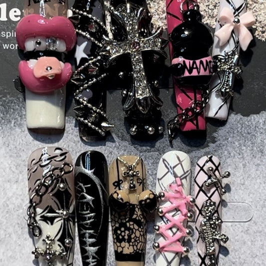 Long Coffin Lip Chain Spic Handmade Press On Nail Set