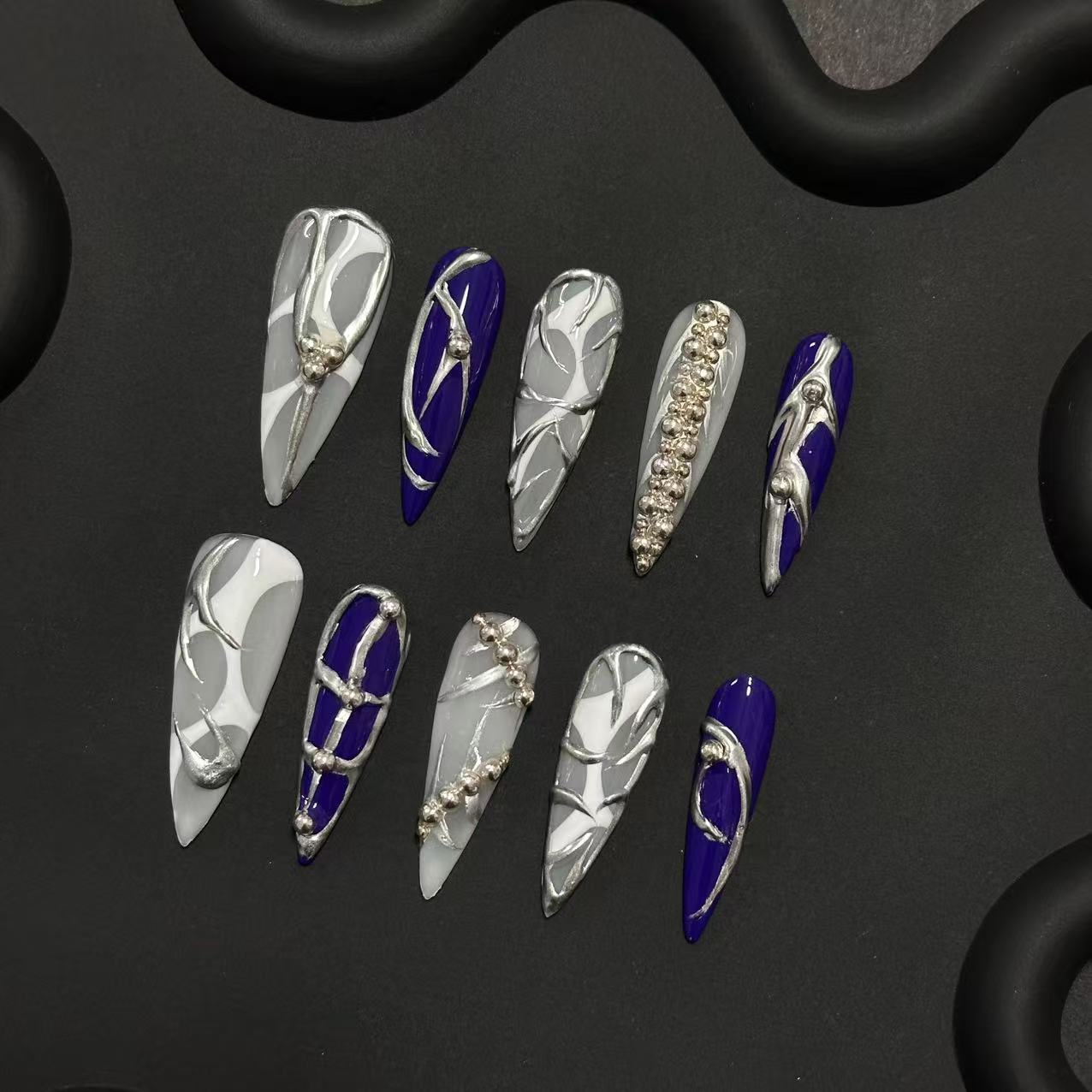Long Almond Punk Liquid Metal Handmade Press On Nail Set