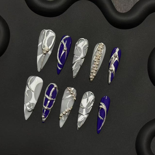 Long Almond Punk Liquid Metal Handmade Press On Nail Set