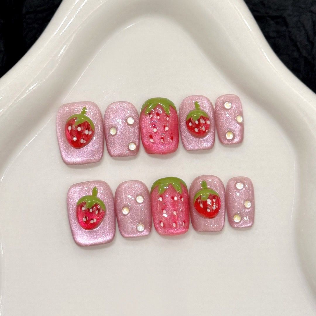Short Square 3D Strawberry Candy Cat Eye Handmade Press On Nail Set