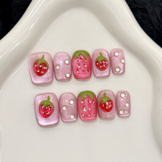 Short Square 3D Strawberry Candy Cat Eye Handmade Press On Nail Set