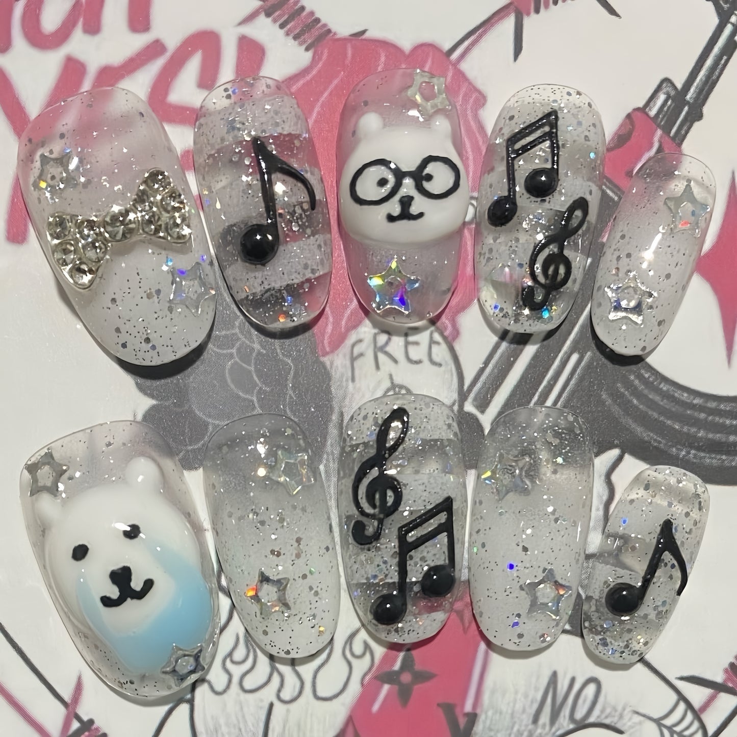 Medium Almond Joke Bear Handmade Press On Nail Set