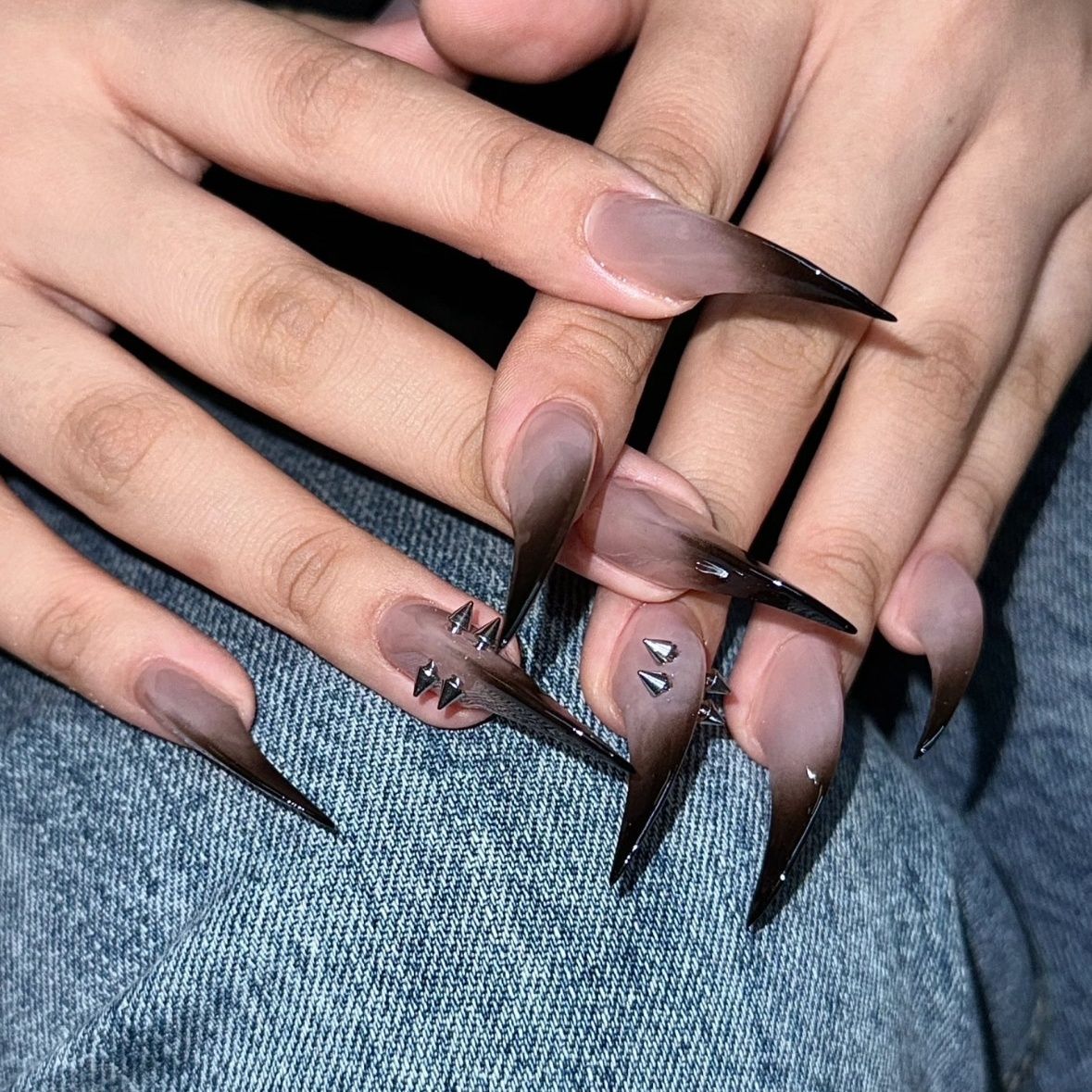 White & Black Ombre Dragon Claw Studded Handmade Press On Nail Set