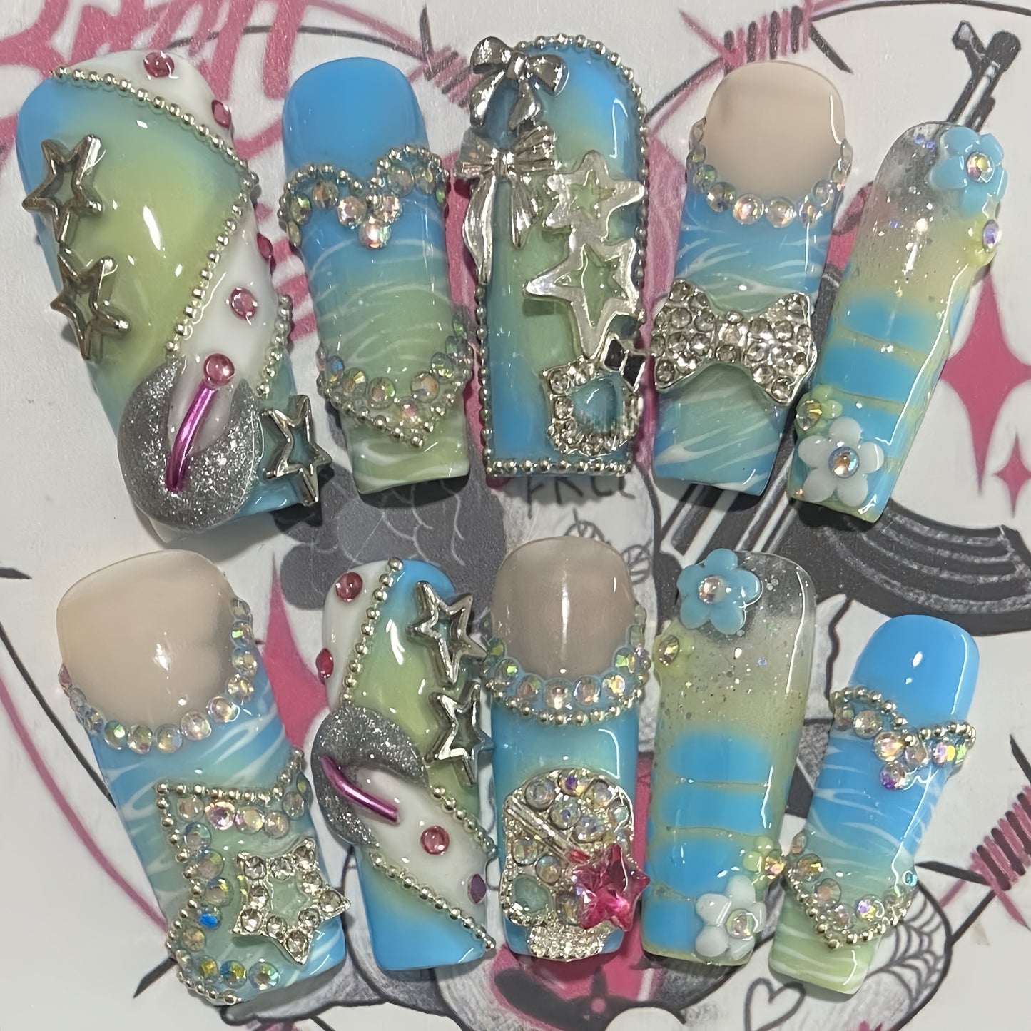 Long Coffin Blue Y2K HardwareHandmade Press On Nail Set