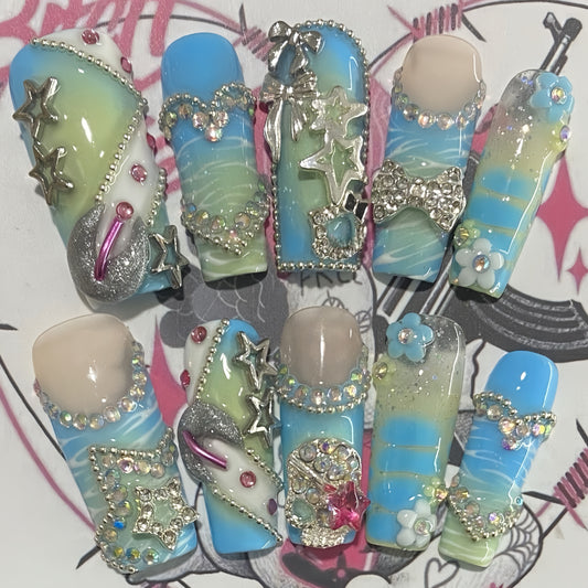 Long Coffin Blue Y2K HardwareHandmade Press On Nail Set