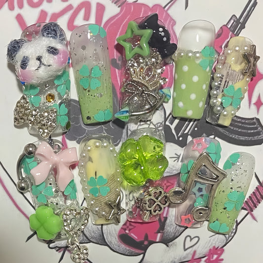 Long Coffin Clover Panda 3D Flocked Handmade Press On Nail Set