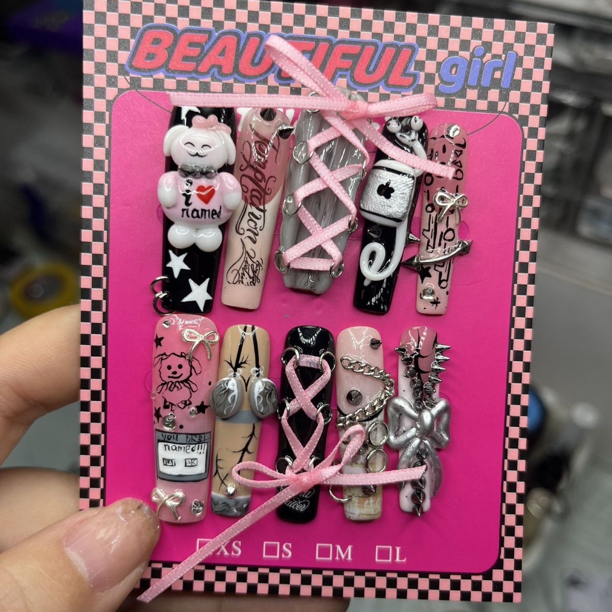 Long Tube Punk Sweetheart Handmade Press On Nail Set