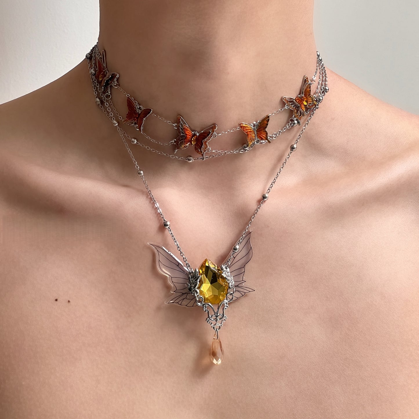Cicada Wing & Butterfly Layered Necklace Featuring Maillard Style