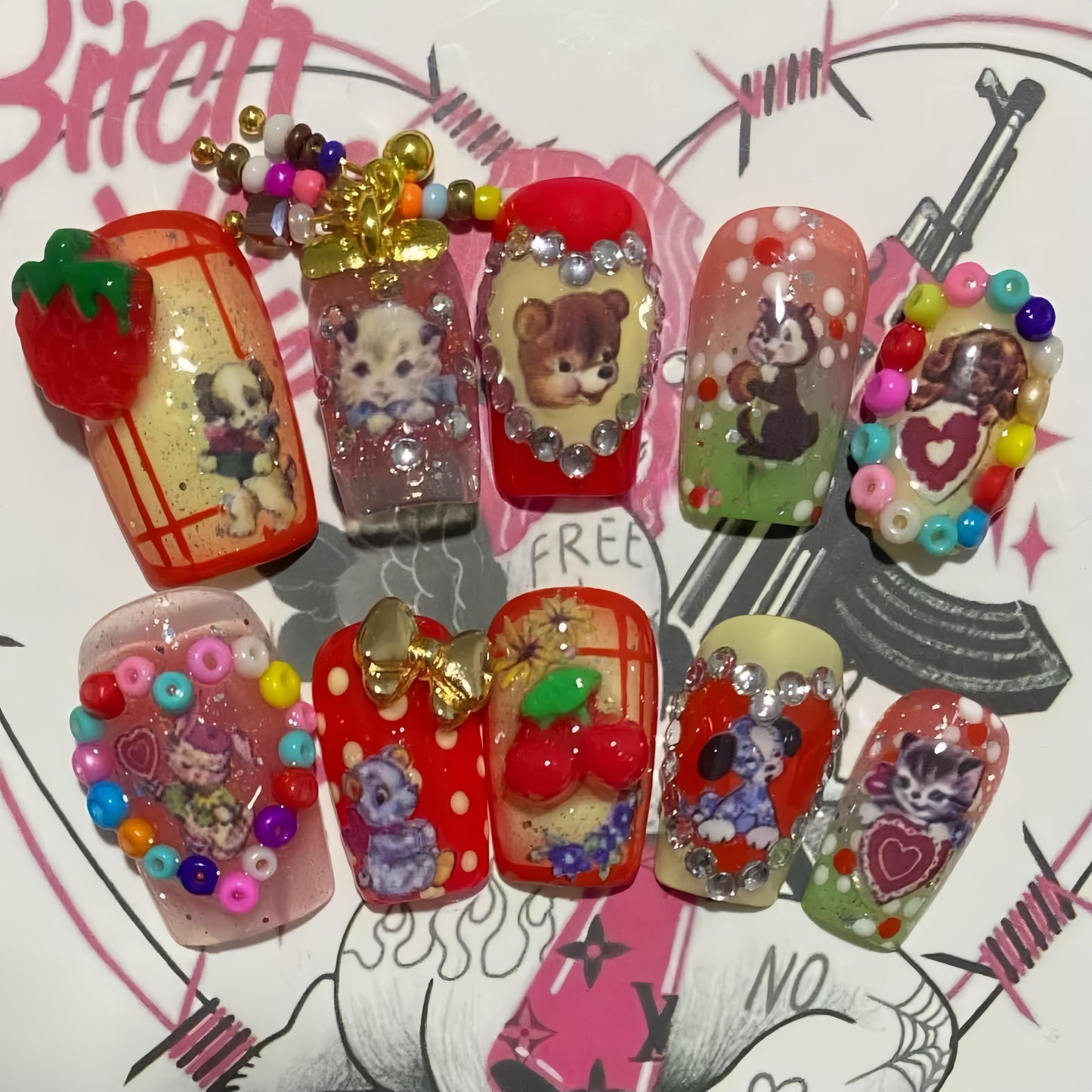 Medium Coffin Showa Vintage Retro Handmade Press On Nail Set