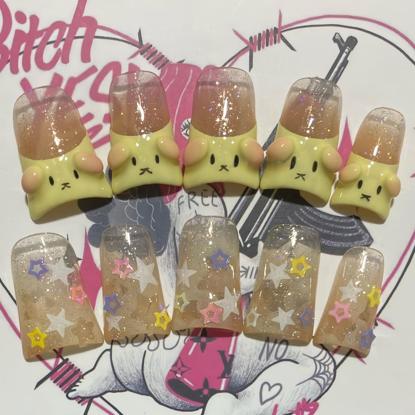 Medium Duck Teddy Can Handmade Press On Nail Set