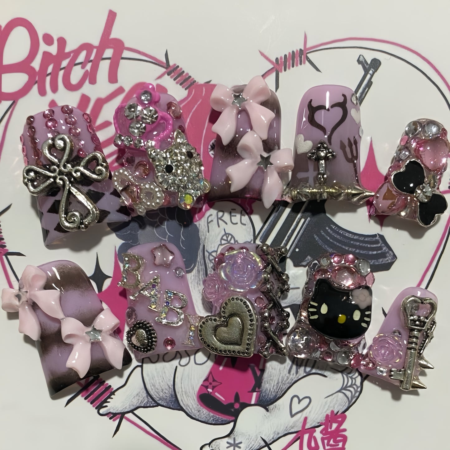Medium Duck Dark Kawaii Kitty Handmade Press On Nail Set