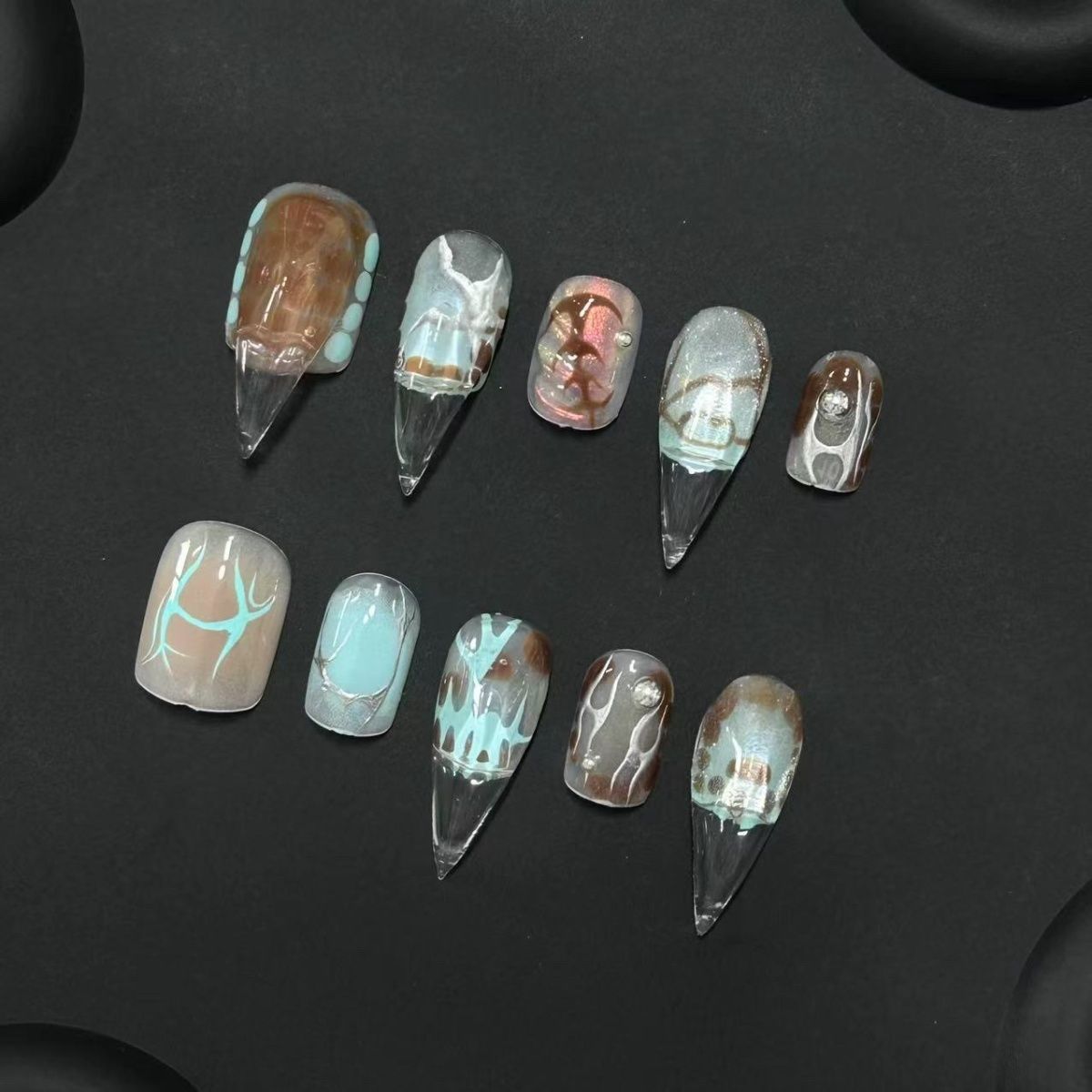 Mixed-Length Mixed-Shape Dragon Claw Mint Green Handmade Press On Nail Set