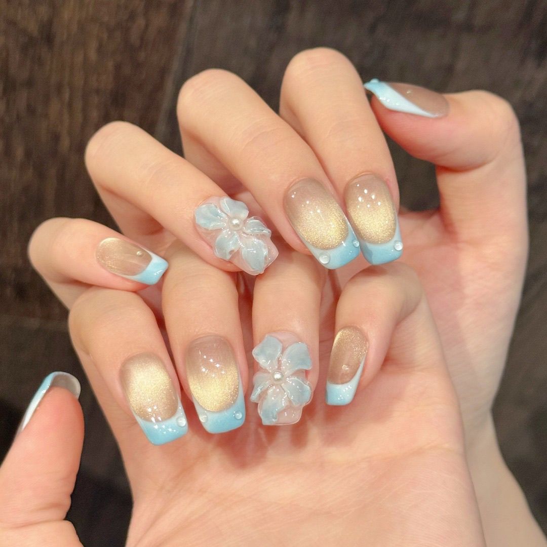 Medium Coffin Sea Salt Ice Flower French Cat Eye Handmade Press On Nail Set