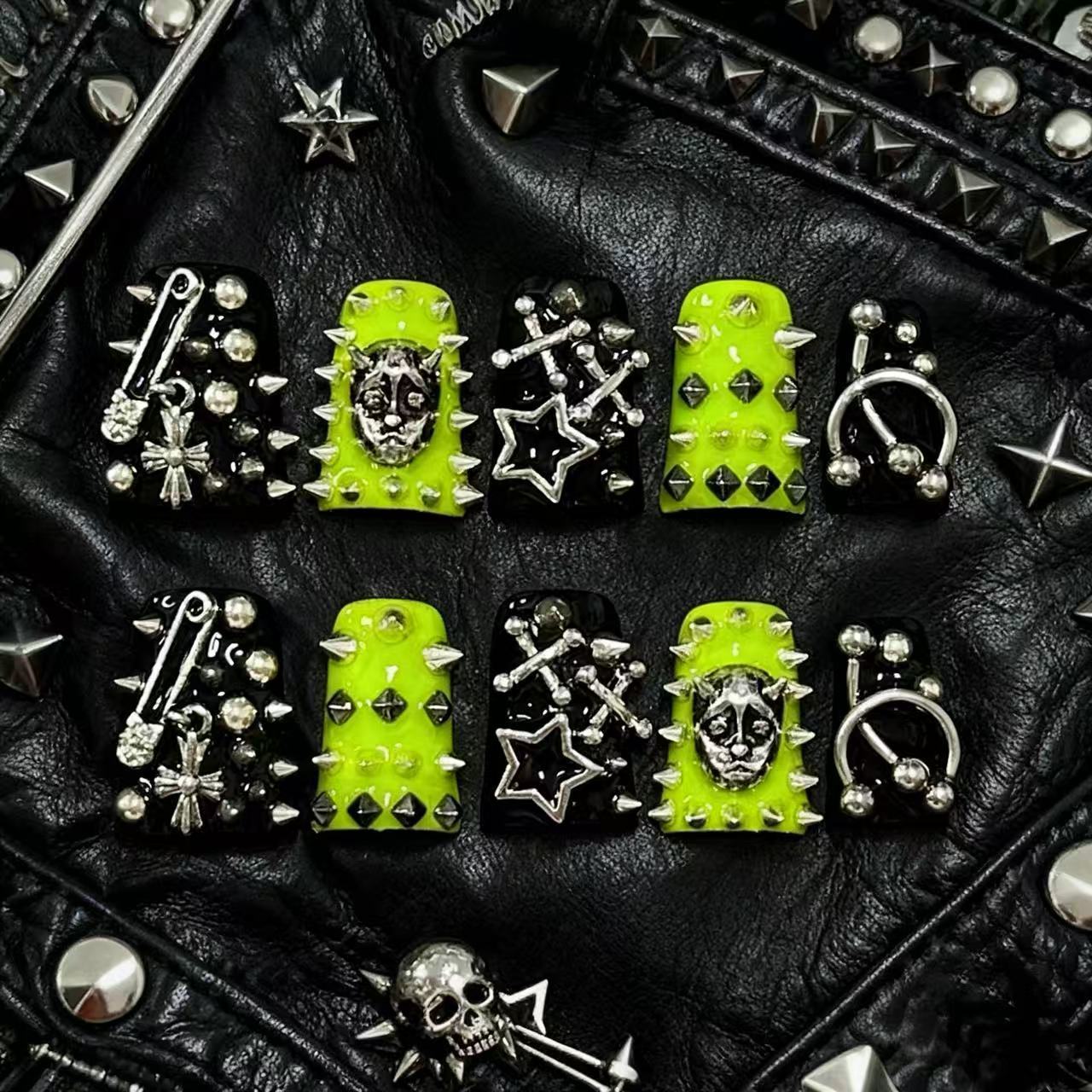 Green Duck Bill Dark Punk Studded Handmade Press On Nail Set