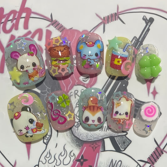 Short Round Sticky Note Bear Handmade Press On Nail Set