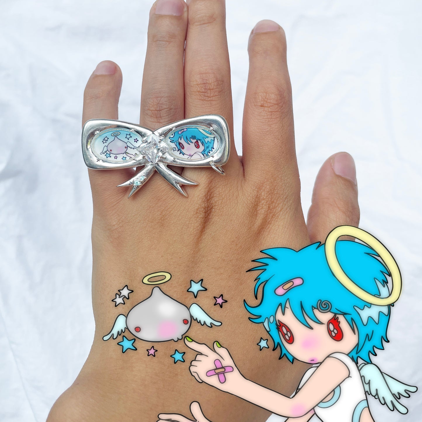 takeabreak Angel Series Yellow Brass Thick Silver Plated Bowknot Cartoon Open Ring