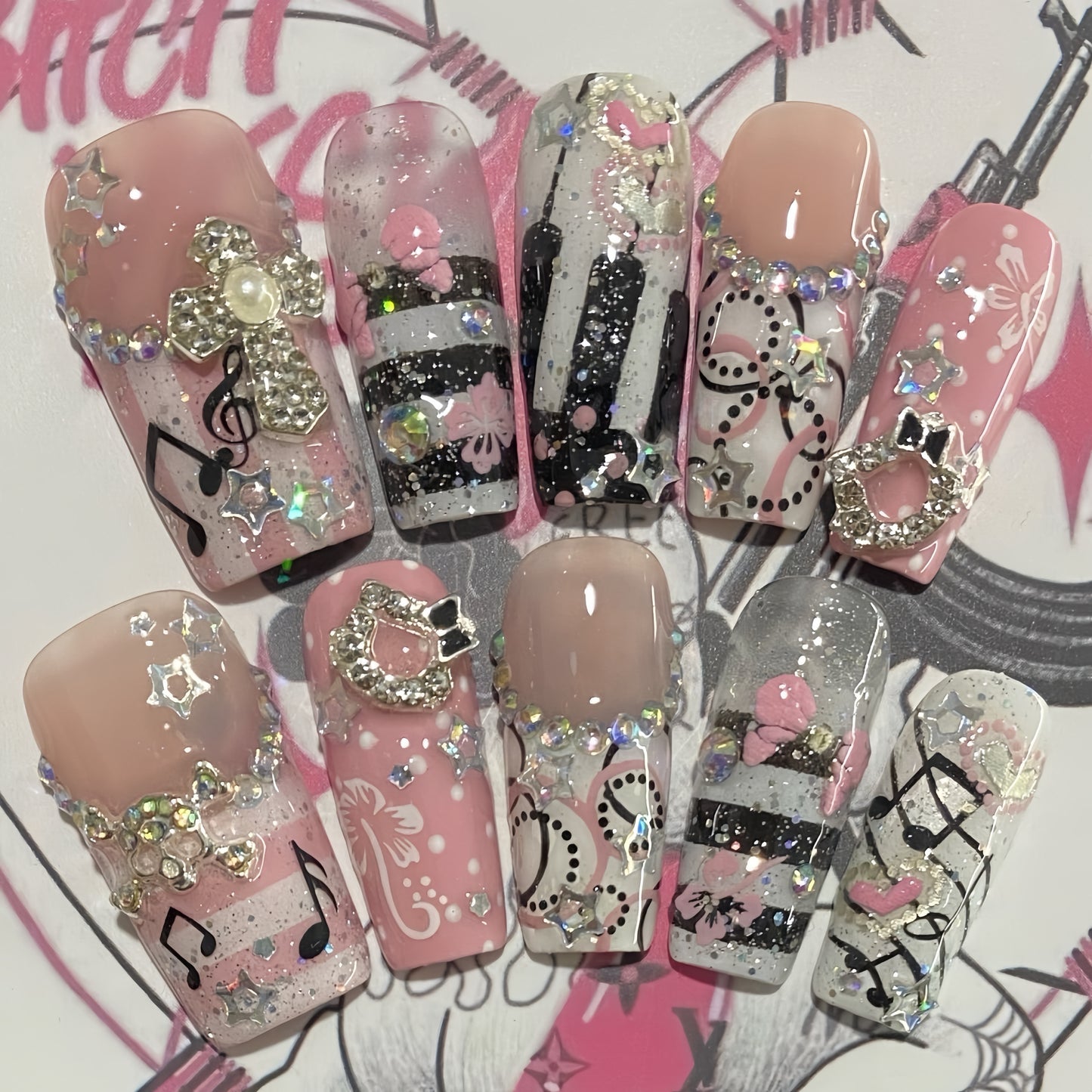 Medium Coffin Bouncing Note Handmade Press On Nail Set